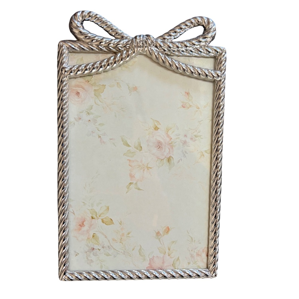 Luxe Collection Silver Rope Bow Picture Frame 4x6 Vertical Coquette Decor‎